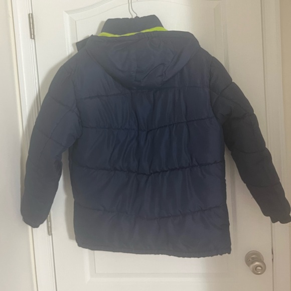 Boys 18/20 XL Hooded Puffer Jacket navy blue and green / Velcro zip - Picture 9 of 9